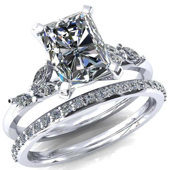 Fire Brilliance Rings Sigrid Radiant Moissanite 4 Prong Marquise Diamond Side Ring