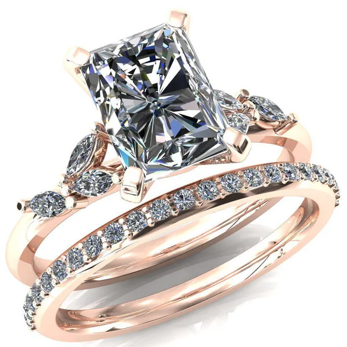 Fire Brilliance Rings Sigrid Radiant Moissanite 4 Prong Marquise Diamond Side Ring