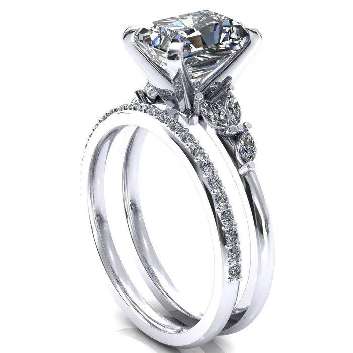 Fire Brilliance Rings Sigrid Radiant Moissanite 4 Prong Marquise Diamond Side Ring