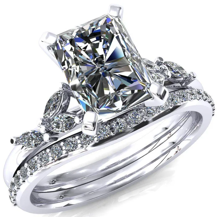 Fire Brilliance Rings Sigrid Radiant Moissanite 4 Prong Marquise Diamond Side Ring