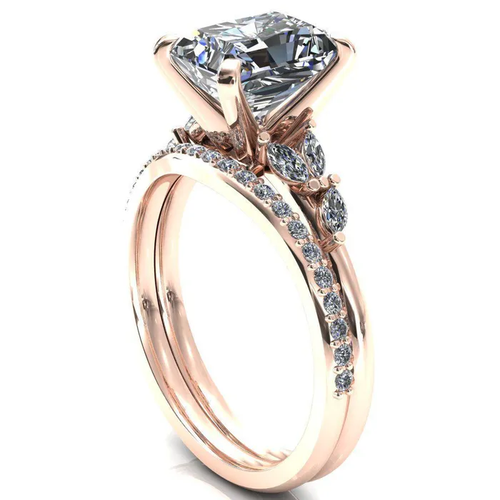 Fire Brilliance Rings Sigrid Radiant Moissanite 4 Prong Marquise Diamond Side Ring