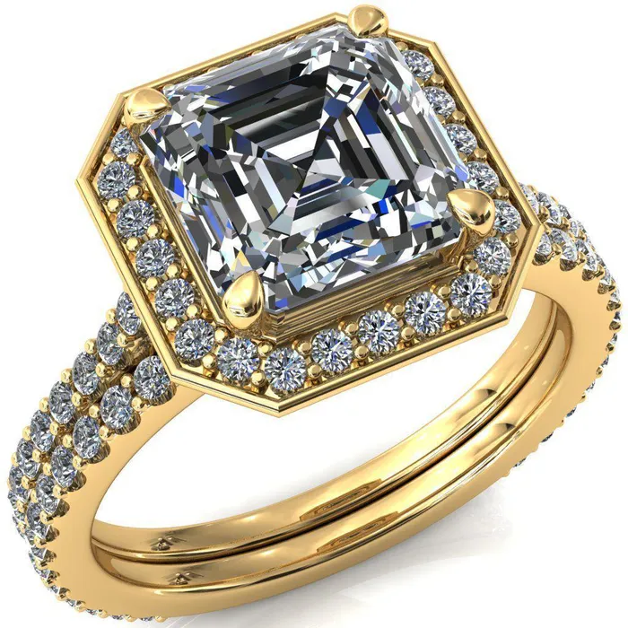 Fire Brilliance Rings Valma Asscher Moissanite Floating Diamond Halo and Sides Ring Fire Brilliance Rings Valma Asscher Moissanite Floating Diamond Halo and Sides Ring