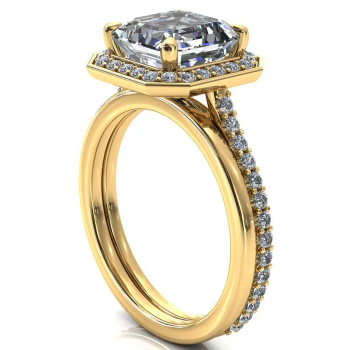 Fire Brilliance Rings Valma Asscher Moissanite Floating Diamond Halo and Sides Ring