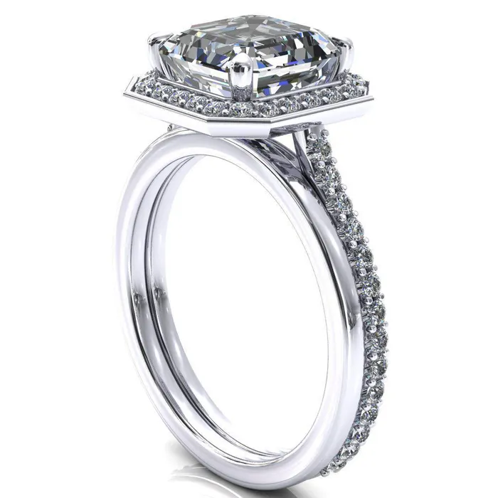Fire Brilliance Rings Valma Asscher Moissanite Floating Diamond Halo and Sides Ring