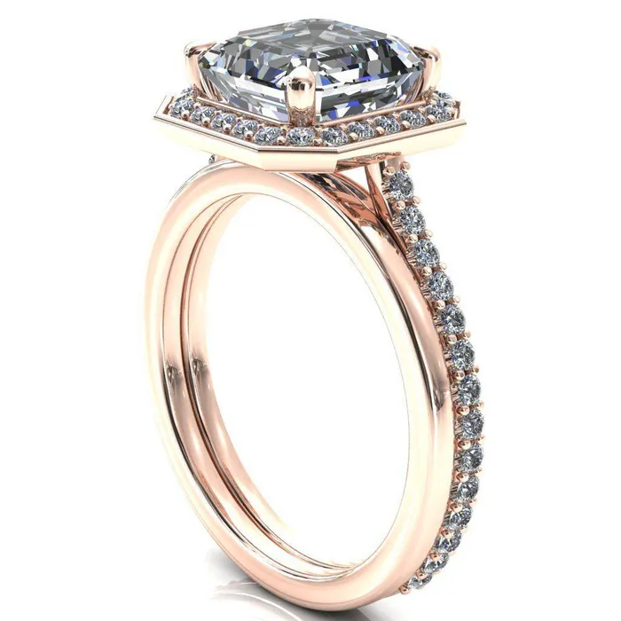 Fire Brilliance Rings Valma Asscher Moissanite Floating Diamond Halo and Sides Ring