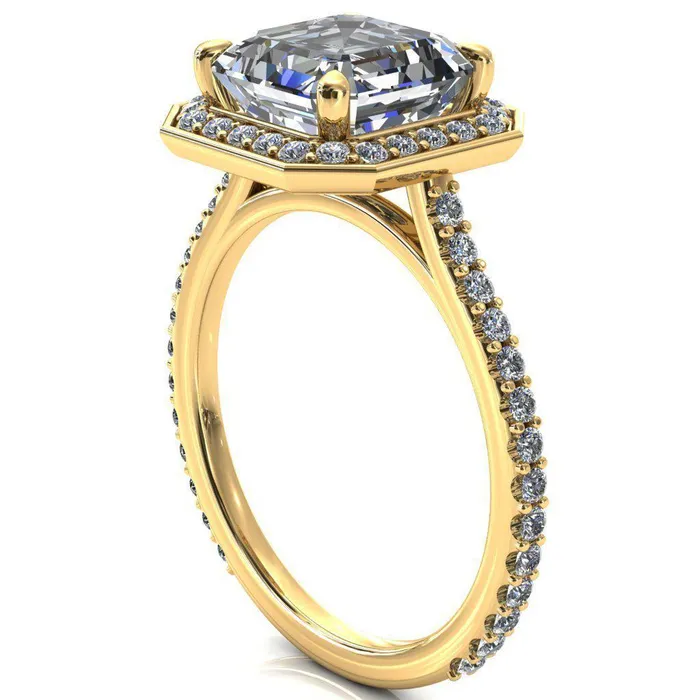 Fire Brilliance Rings Valma Asscher Moissanite Floating Diamond Halo and Sides Ring