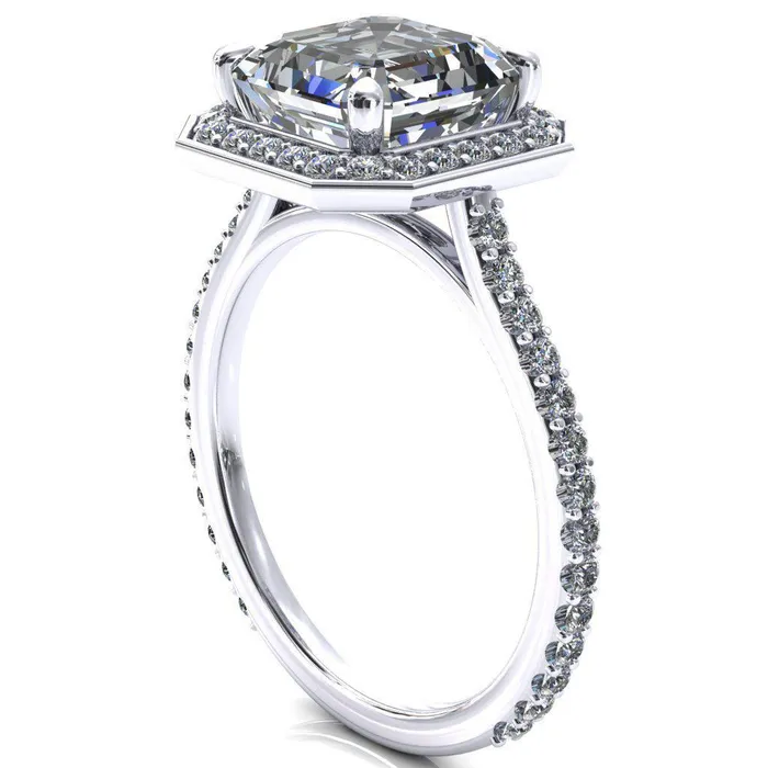 Fire Brilliance Rings Valma Asscher Moissanite Floating Diamond Halo and Sides Ring
