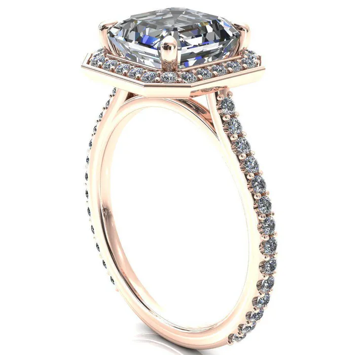 Fire Brilliance Rings Valma Asscher Moissanite Floating Diamond Halo and Sides Ring
