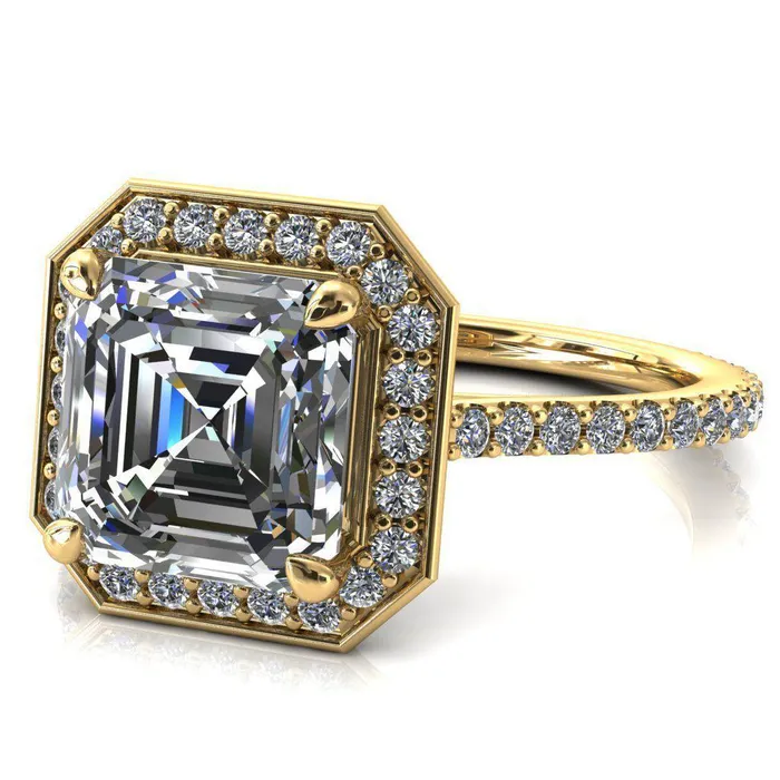 Fire Brilliance Rings Valma Asscher Moissanite Floating Diamond Halo and Sides Ring