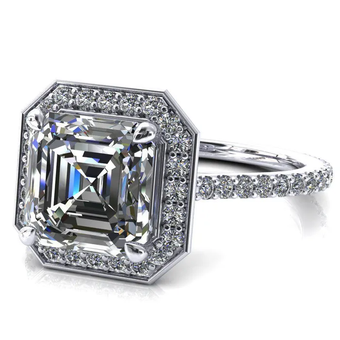 Fire Brilliance Rings Valma Asscher Moissanite Floating Diamond Halo and Sides Ring