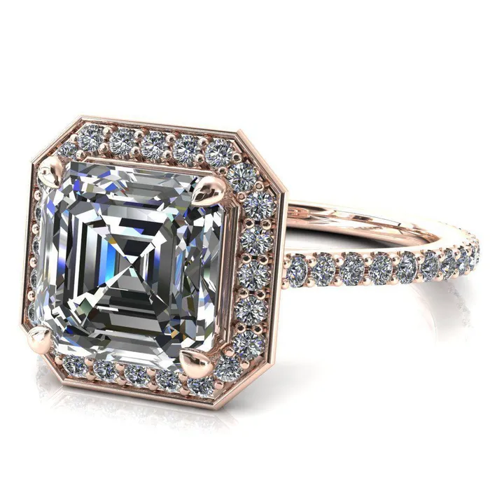 Fire Brilliance Rings Valma Asscher Moissanite Floating Diamond Halo and Sides Ring