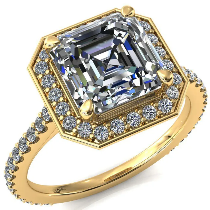 Fire Brilliance Rings Valma Asscher Moissanite Floating Diamond Halo and Sides Ring