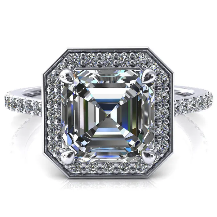 Fire Brilliance Rings Valma Asscher Moissanite Floating Diamond Halo and Sides Ring