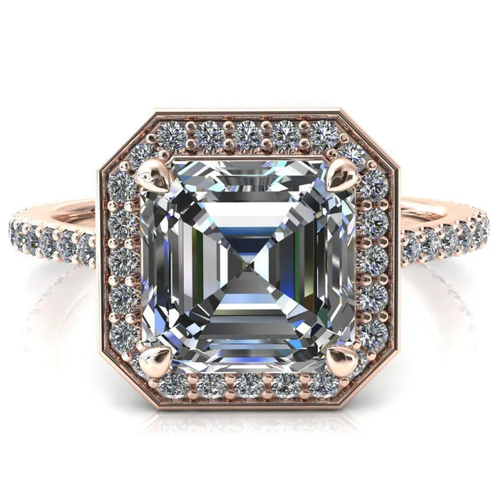 Fire Brilliance Rings Valma Asscher Moissanite Floating Diamond Halo and Sides Ring