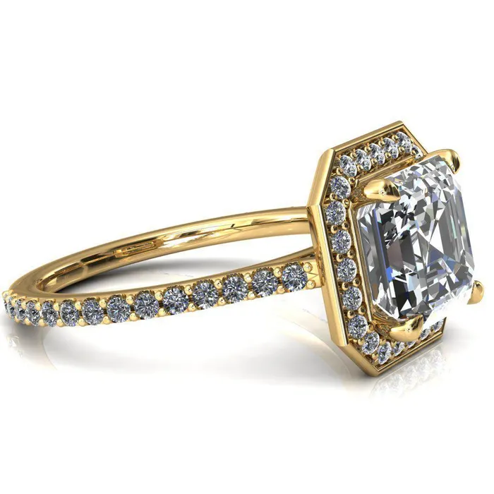 Fire Brilliance Rings Valma Asscher Moissanite Floating Diamond Halo and Sides Ring