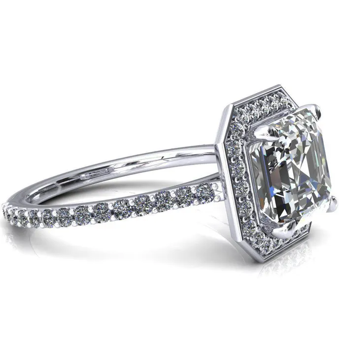 Fire Brilliance Rings Valma Asscher Moissanite Floating Diamond Halo and Sides Ring