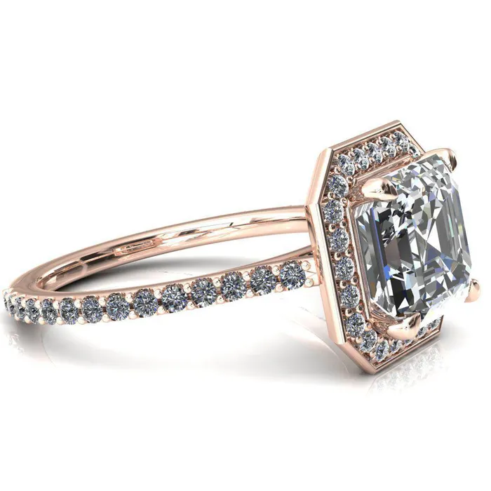 Fire Brilliance Rings Valma Asscher Moissanite Floating Diamond Halo and Sides Ring