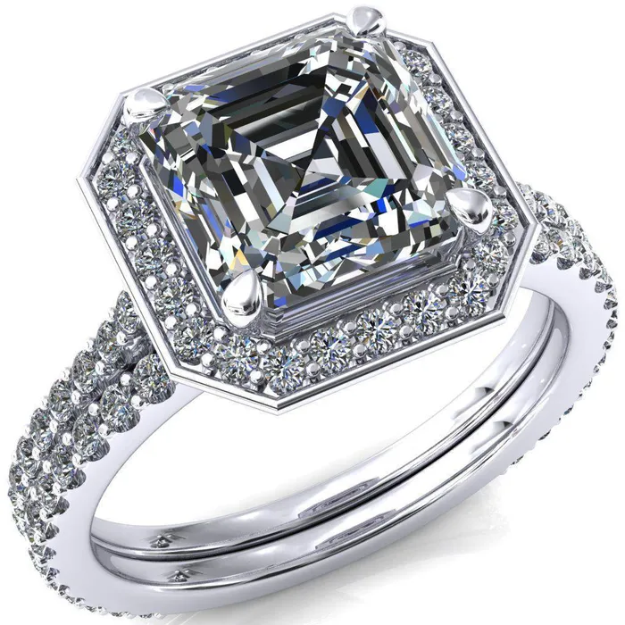 Fire Brilliance Rings Valma Asscher Moissanite Floating Diamond Halo and Sides Ring