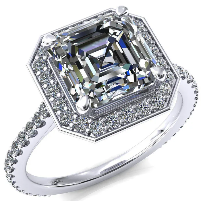 Fire Brilliance Rings Valma Asscher Moissanite Floating Diamond Halo and Sides Ring