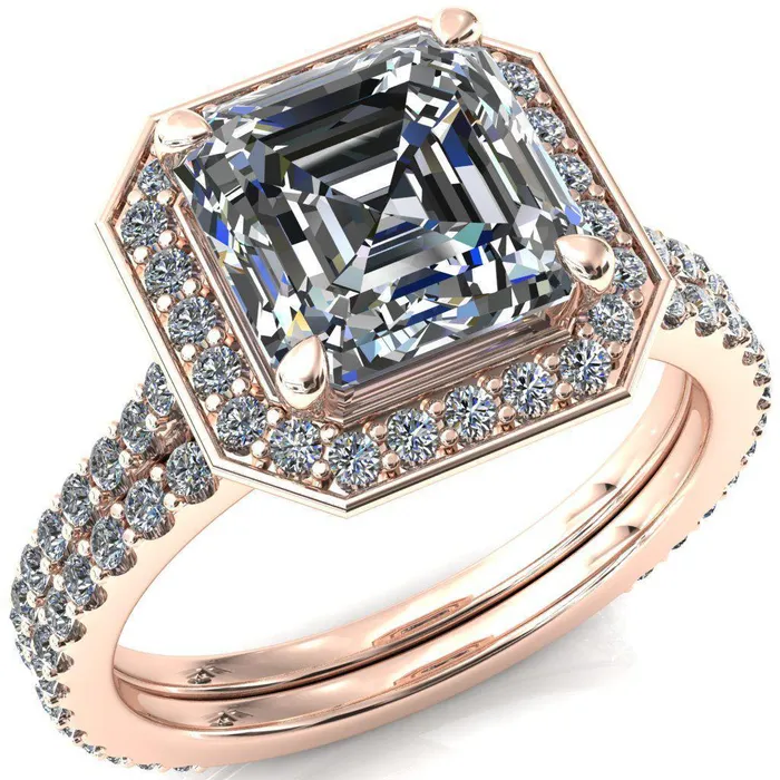 Fire Brilliance Rings Valma Asscher Moissanite Floating Diamond Halo and Sides Ring