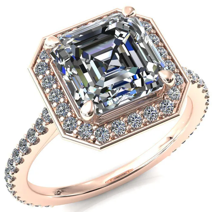Fire Brilliance Rings Valma Asscher Moissanite Floating Diamond Halo and Sides Ring