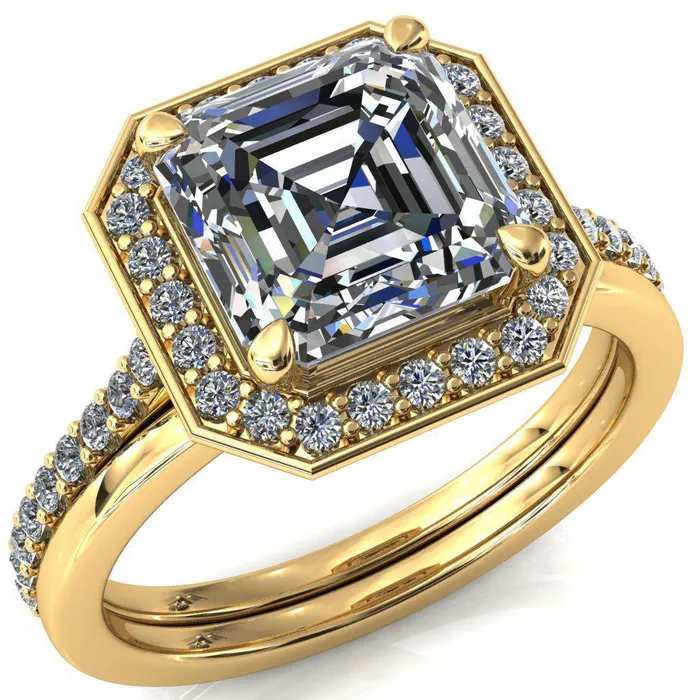 Fire Brilliance Rings Valma Asscher Moissanite Floating Diamond Halo and Sides Ring