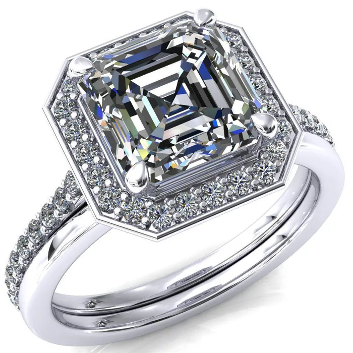 Fire Brilliance Rings Valma Asscher Moissanite Floating Diamond Halo and Sides Ring
