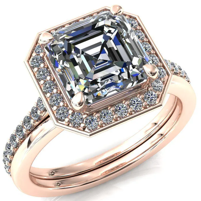 Fire Brilliance Rings Valma Asscher Moissanite Floating Diamond Halo and Sides Ring