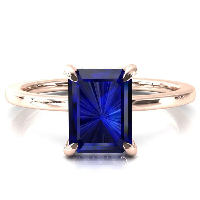 Fire Brilliance Rosy Emerald Blue Sapphire 4 Claw Prong Single Rail Micropave Engagement Ring Rings