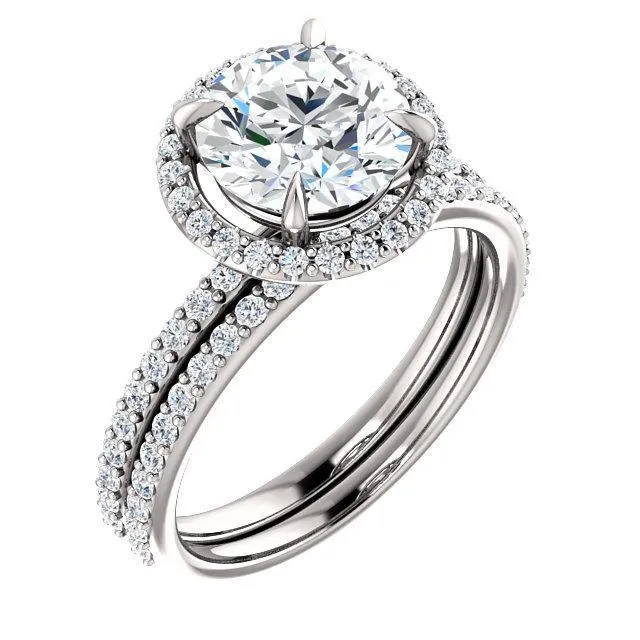 Fire Brilliance Round Center Stone Diamond Accent Ice Halo Ring Rings