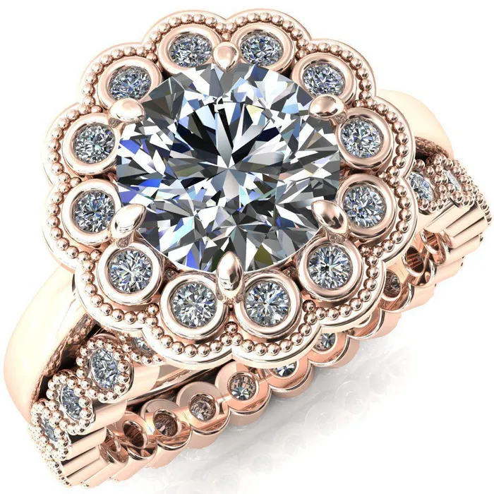 Fire Brilliance Zinnia Round Center Stone 6 Prong Milgrain Diamond Halo Cathedral Engagement Ring Rings Fire Brilliance Zinnia Round Center Stone 6 Prong Milgrain Diamond Halo Cathedral Engagement Ring Rings