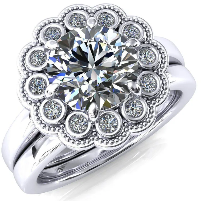 Fire Brilliance Zinnia Round Center Stone 6 Prong Milgrain Diamond Halo Cathedral Engagement Ring Rings