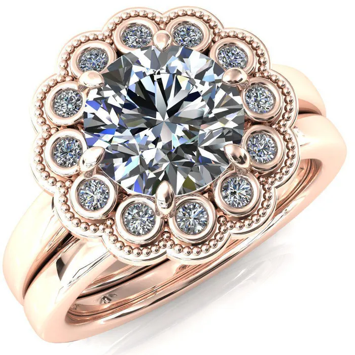 Fire Brilliance Zinnia Round Center Stone 6 Prong Milgrain Diamond Halo Cathedral Engagement Ring Rings