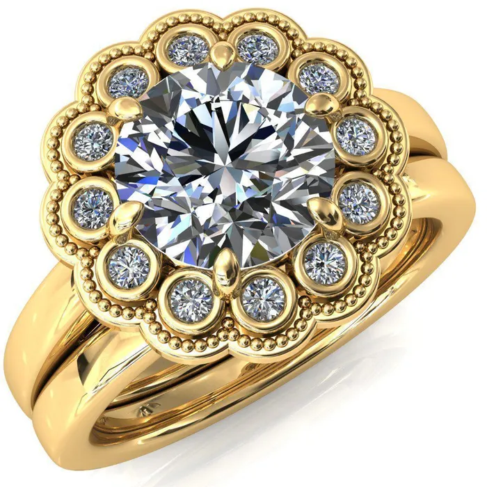 Fire Brilliance Zinnia Round Center Stone 6 Prong Milgrain Diamond Halo Cathedral Engagement Ring Rings