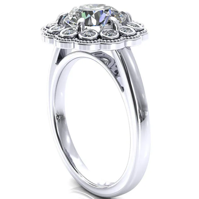 Fire Brilliance Zinnia Round Center Stone 6 Prong Milgrain Diamond Halo Cathedral Engagement Ring Rings