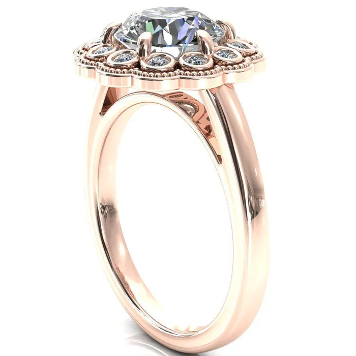Fire Brilliance Zinnia Round Center Stone 6 Prong Milgrain Diamond Halo Cathedral Engagement Ring Rings