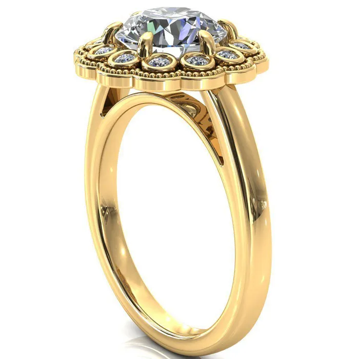 Fire Brilliance Zinnia Round Center Stone 6 Prong Milgrain Diamond Halo Cathedral Engagement Ring Rings