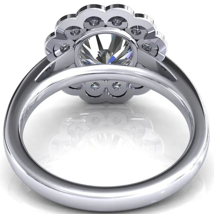 Fire Brilliance Zinnia Round Center Stone 6 Prong Milgrain Diamond Halo Cathedral Engagement Ring Rings