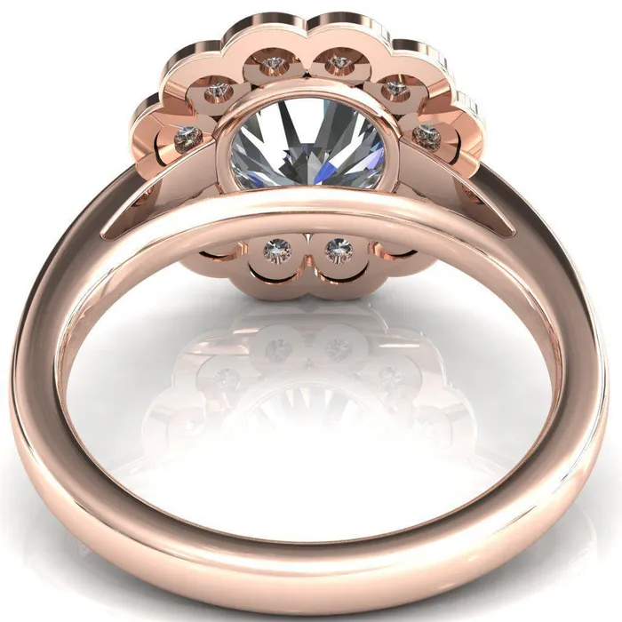 Fire Brilliance Zinnia Round Center Stone 6 Prong Milgrain Diamond Halo Cathedral Engagement Ring Rings