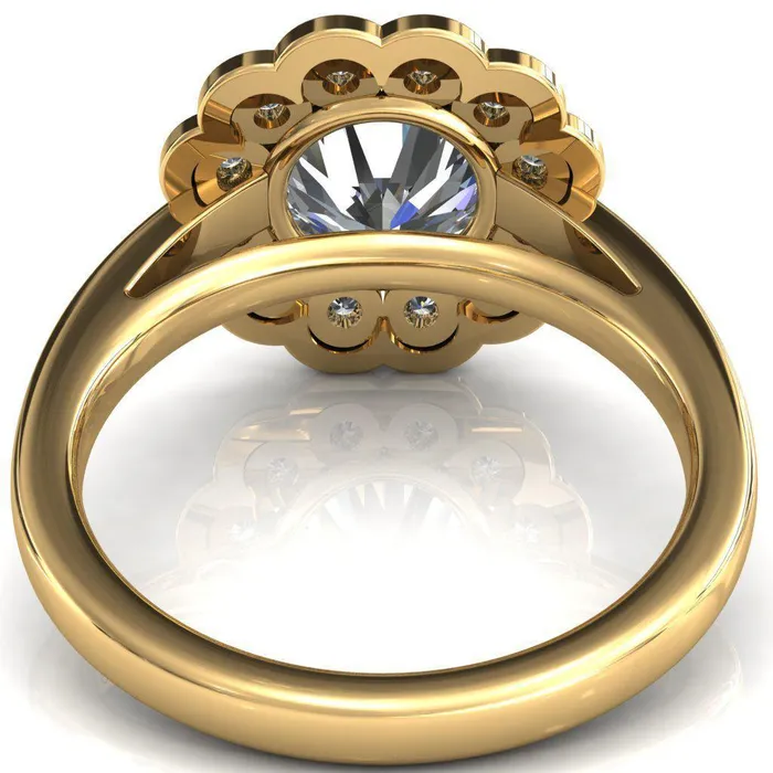 Fire Brilliance Zinnia Round Center Stone 6 Prong Milgrain Diamond Halo Cathedral Engagement Ring Rings