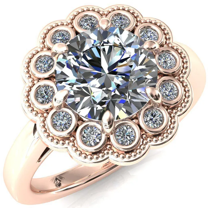 Fire Brilliance Zinnia Round Center Stone 6 Prong Milgrain Diamond Halo Cathedral Engagement Ring Rings
