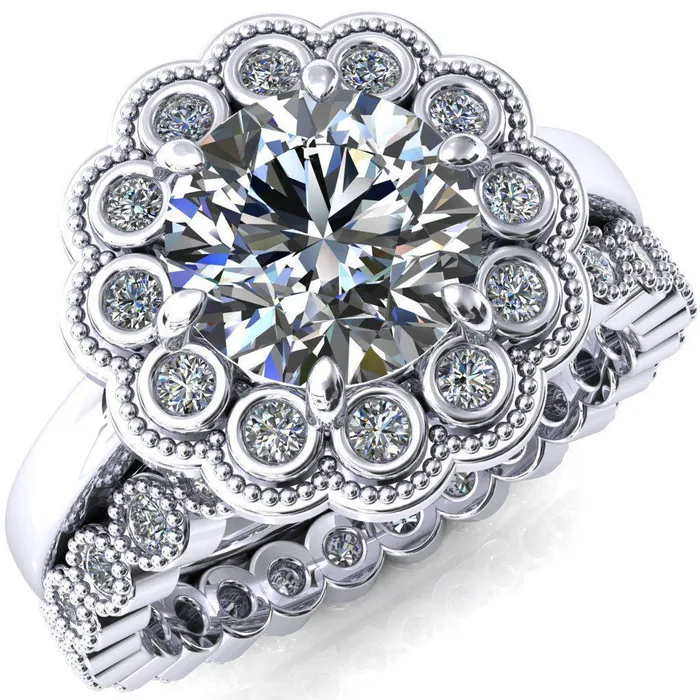 Fire Brilliance Zinnia Round Center Stone 6 Prong Milgrain Diamond Halo Cathedral Engagement Ring Rings