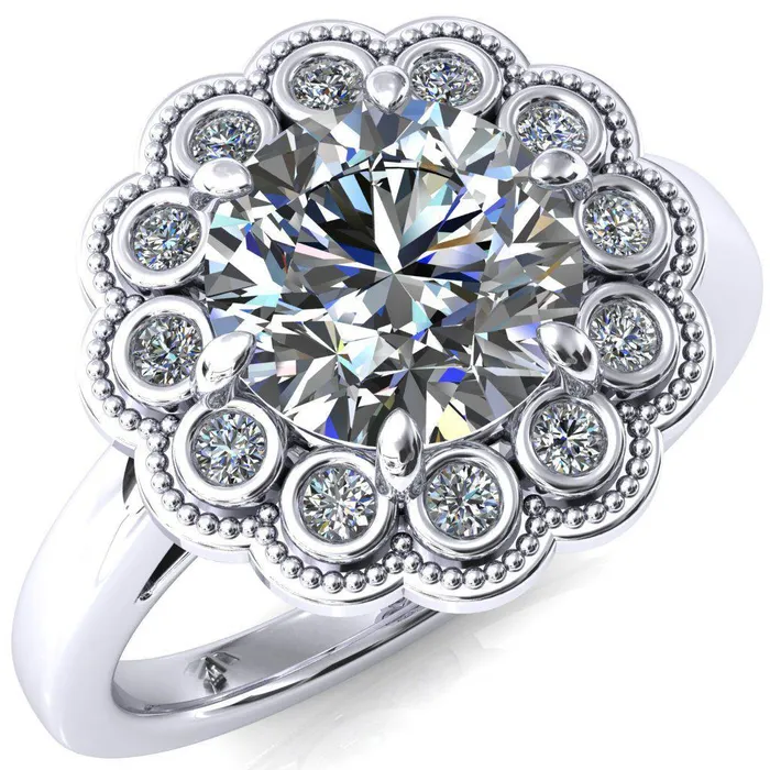 Fire Brilliance Zinnia Round Center Stone 6 Prong Milgrain Diamond Halo Cathedral Engagement Ring Rings