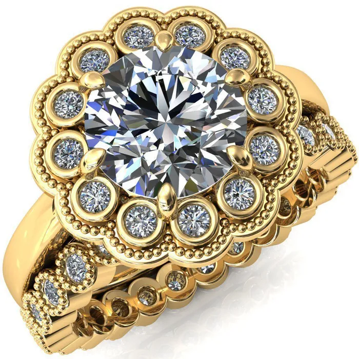 Fire Brilliance Zinnia Round Center Stone 6 Prong Milgrain Diamond Halo Cathedral Engagement Ring Rings