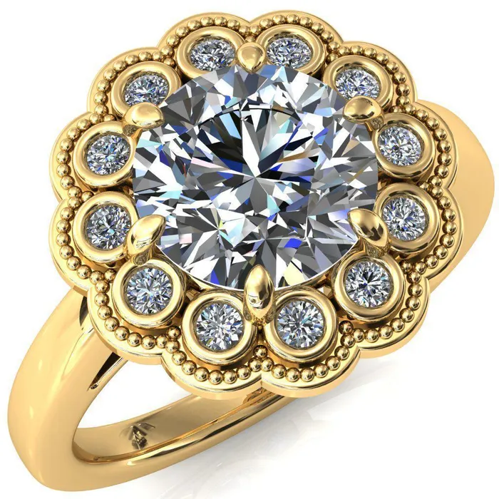Fire Brilliance Zinnia Round Center Stone 6 Prong Milgrain Diamond Halo Cathedral Engagement Ring Rings