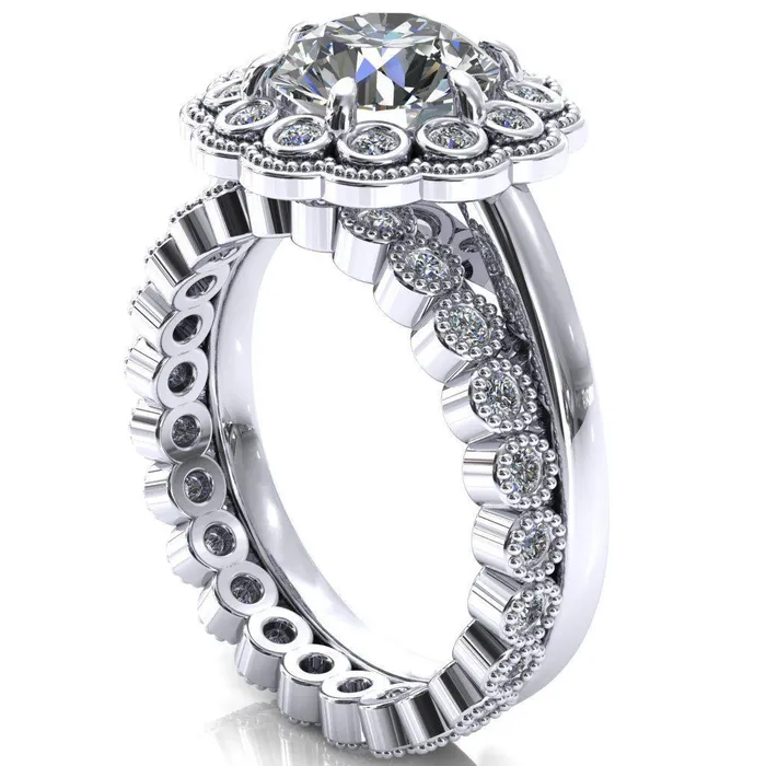Fire Brilliance Zinnia Round Center Stone 6 Prong Milgrain Diamond Halo Cathedral Engagement Ring Rings