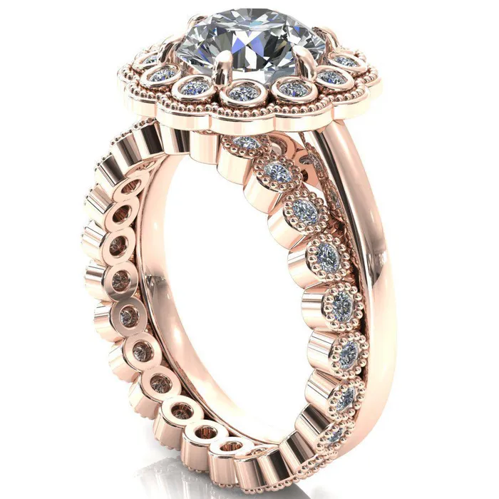 Fire Brilliance Zinnia Round Center Stone 6 Prong Milgrain Diamond Halo Cathedral Engagement Ring Rings
