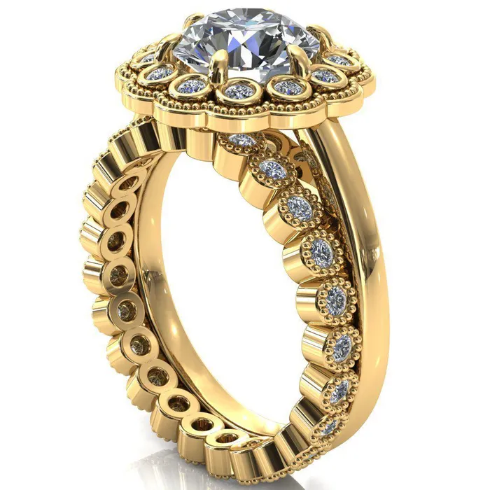 Fire Brilliance Zinnia Round Center Stone 6 Prong Milgrain Diamond Halo Cathedral Engagement Ring Rings