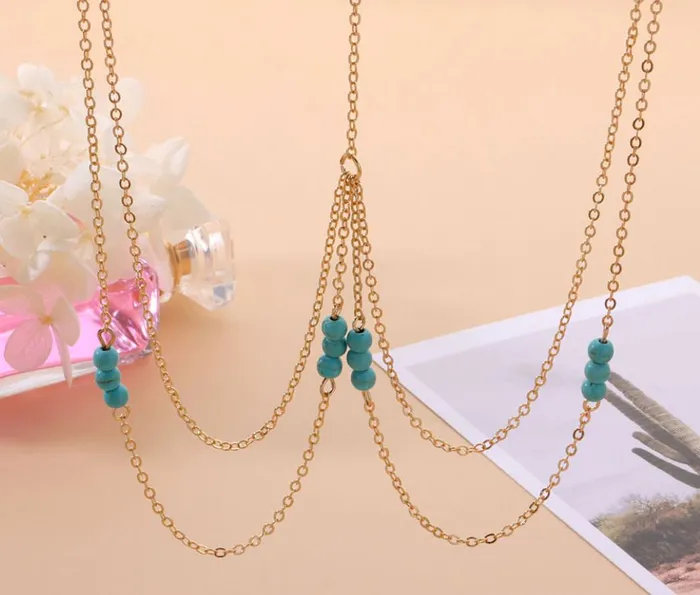 H310 Gold Turquoise Bead Headdress alice Earrings