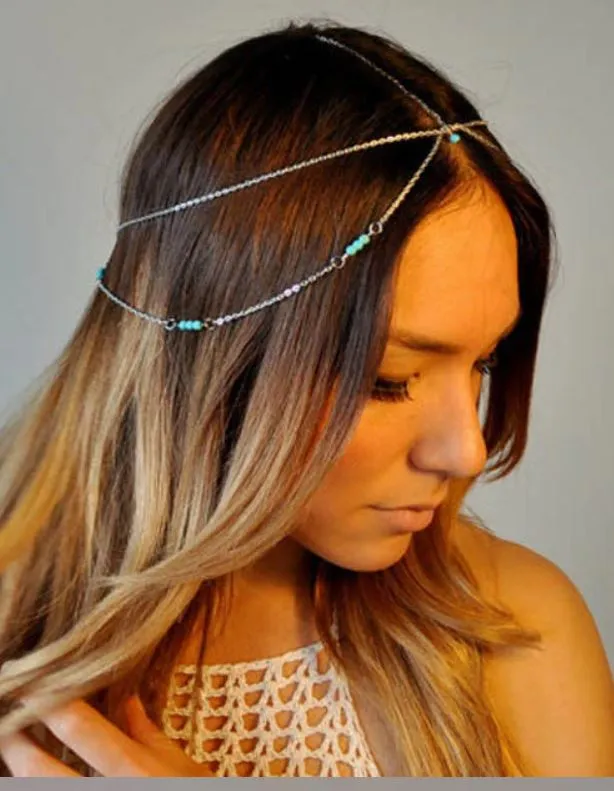 H310 Gold Turquoise Bead Headdress alice Earrings
